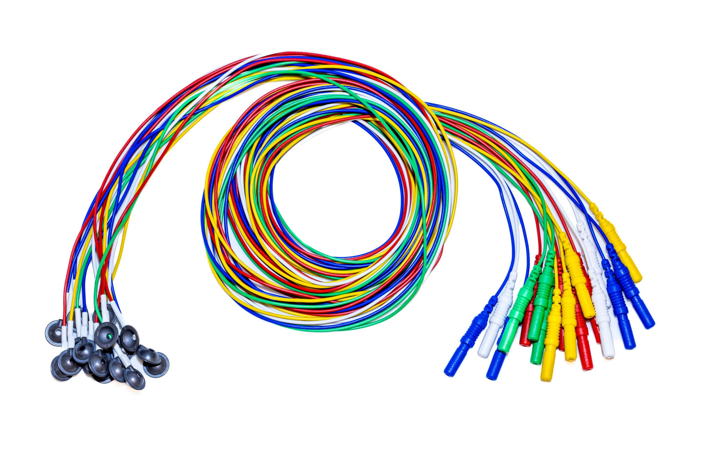 Disposable EEG cup electrodes with Ag/AgCl sensors and color-coded leadwires for International 10-20 System placement