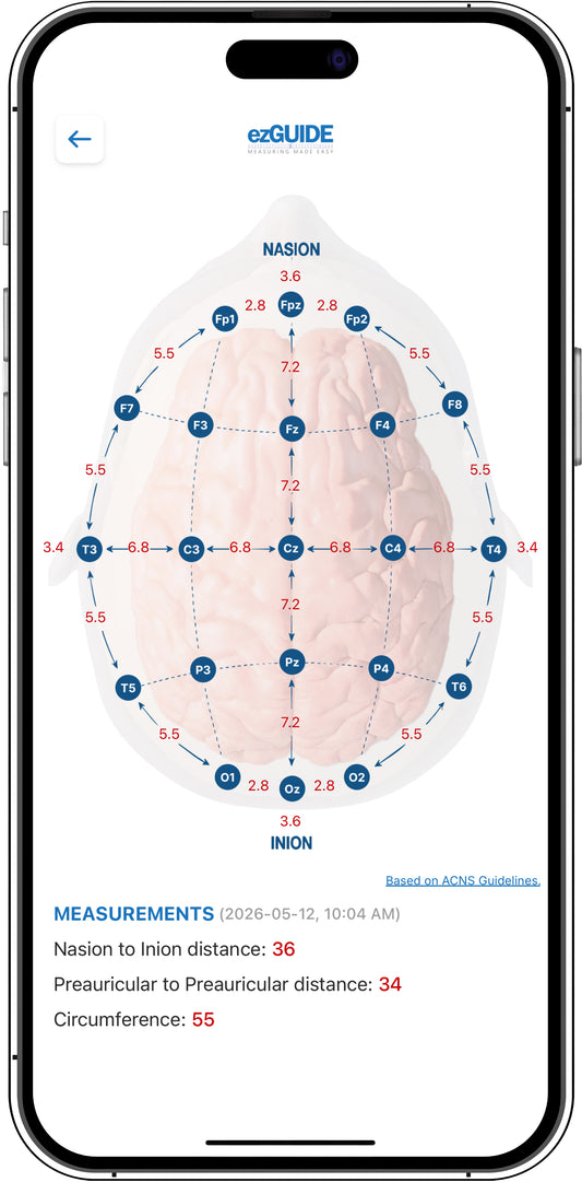 ezGUIDE EEG electrode placement calculator displaying patient-specific International 10-20 System electrode locations and calculated interelectrode distances based on three head measurements
