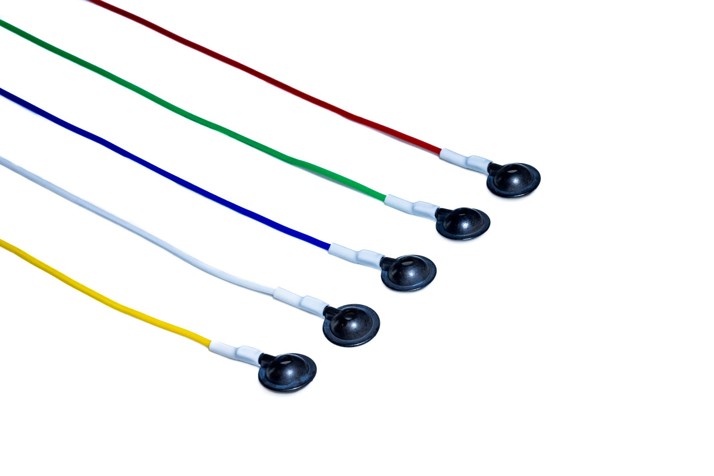 Disposable EEG cup electrodes with color-coded leadwires and touch-proof connectors for clinical EEG recording