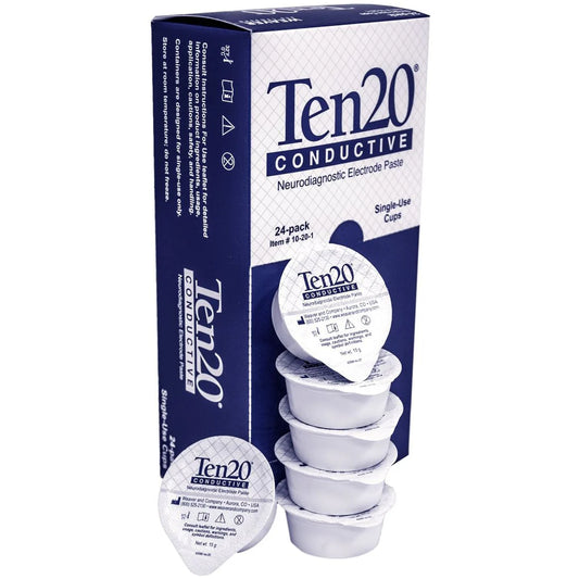 Single-use TEN20 conductive paste cups for EEG electrode application and secure electrode attachment during neurodiagnostic testing.